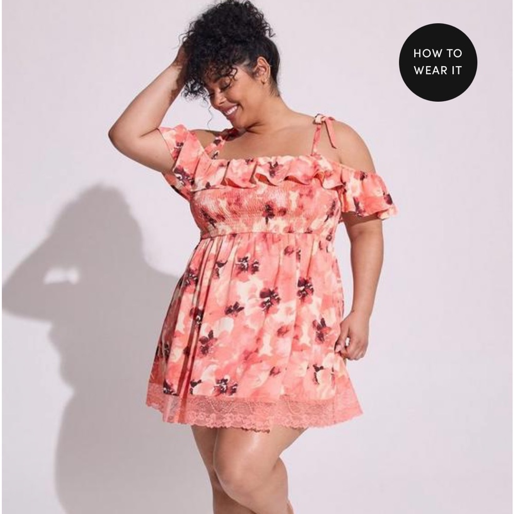 Torrid Size 1 Pink & Orange Floral Mini Ruffle Lace Trim Coverup Dress NWT